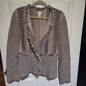 Chico's navy blue and beige woven open front fringe cardigan sweater
